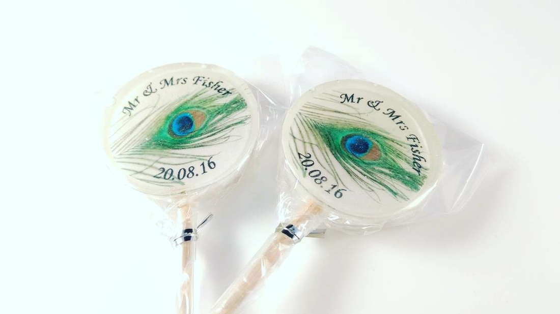 Peacock feather themed wedding favour lollipops, lovely lollies, image lollies, wedding favours